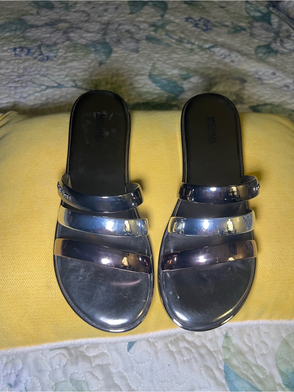 Michael Kors Women's Keiko Metallic Silver Slide Sandals